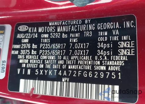 2015 Kia Sorento Lx V6 z USA, uszkodzony, nr VIN 5XYKT4A72FG629751